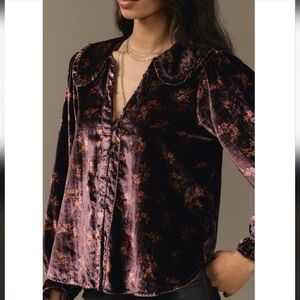 Anthropologie Pilcro The Keira Peasant Collar Velvet Floral Purple Blouse Sz 1X